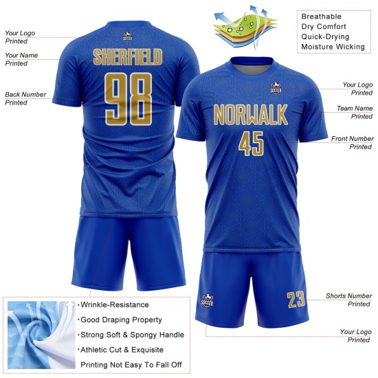 Sports Thunder Soccer Sublimation Shape Blue Geometric Jersey Uniform Gold-White Old Custom
